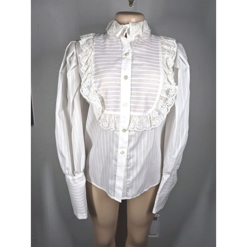 Vintage 70s Victorian Prairie Lace Blouse Neiman Marcus ILGWU White Sheer Top 8